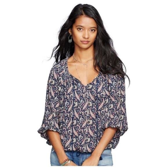 Denim & Supply Ralph Lauren Women's Blue Paisley Tassel-tie Boho Top Small - Picture 1 of 12